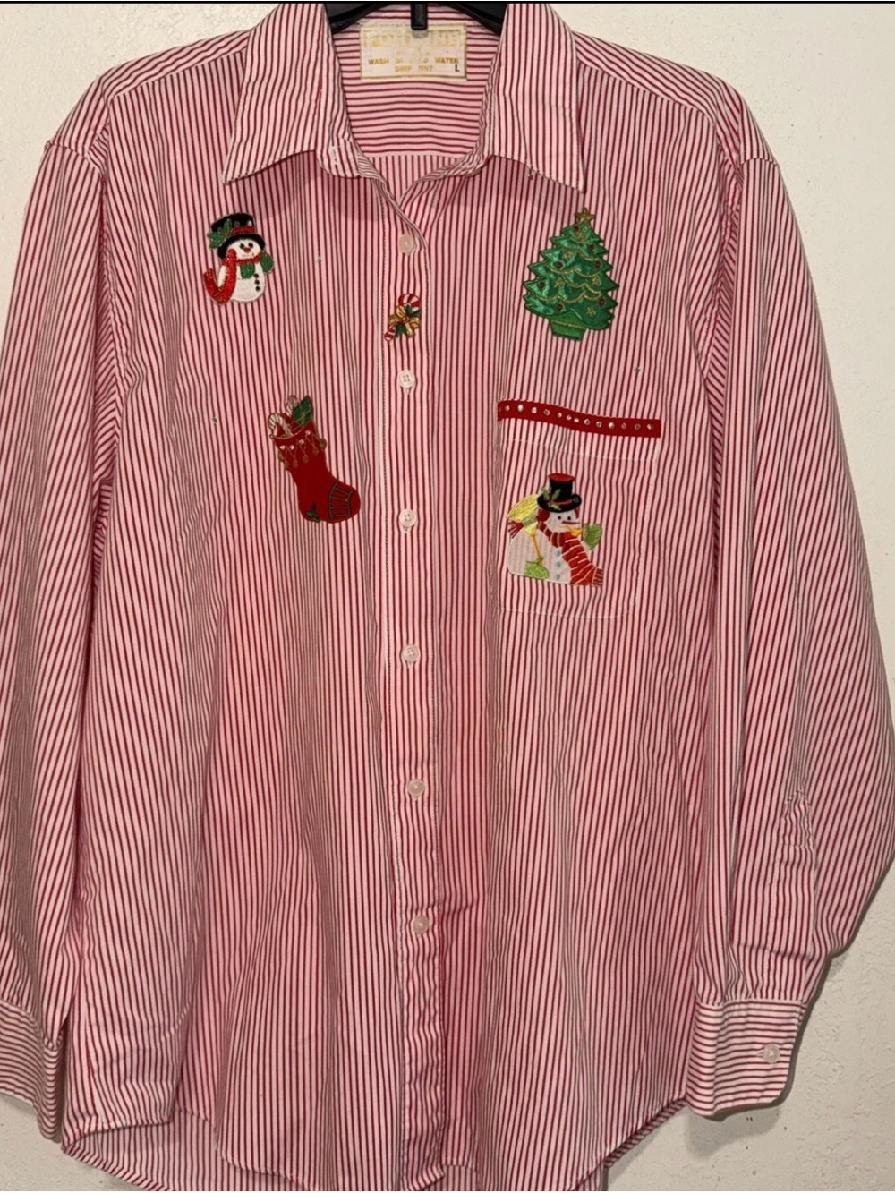 VTG embellished& appliqué candy striped button up Christmas shirt1960’s Sz L